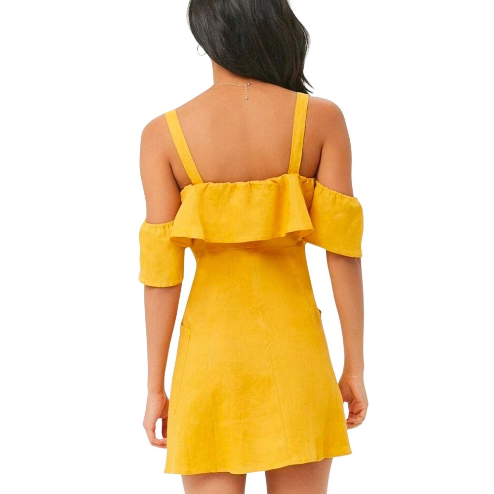 Forever 21 Mustard Yellow 100% Linen Cold Shoulder Ruffle Mini Dress Medium - Picture 3 of 11